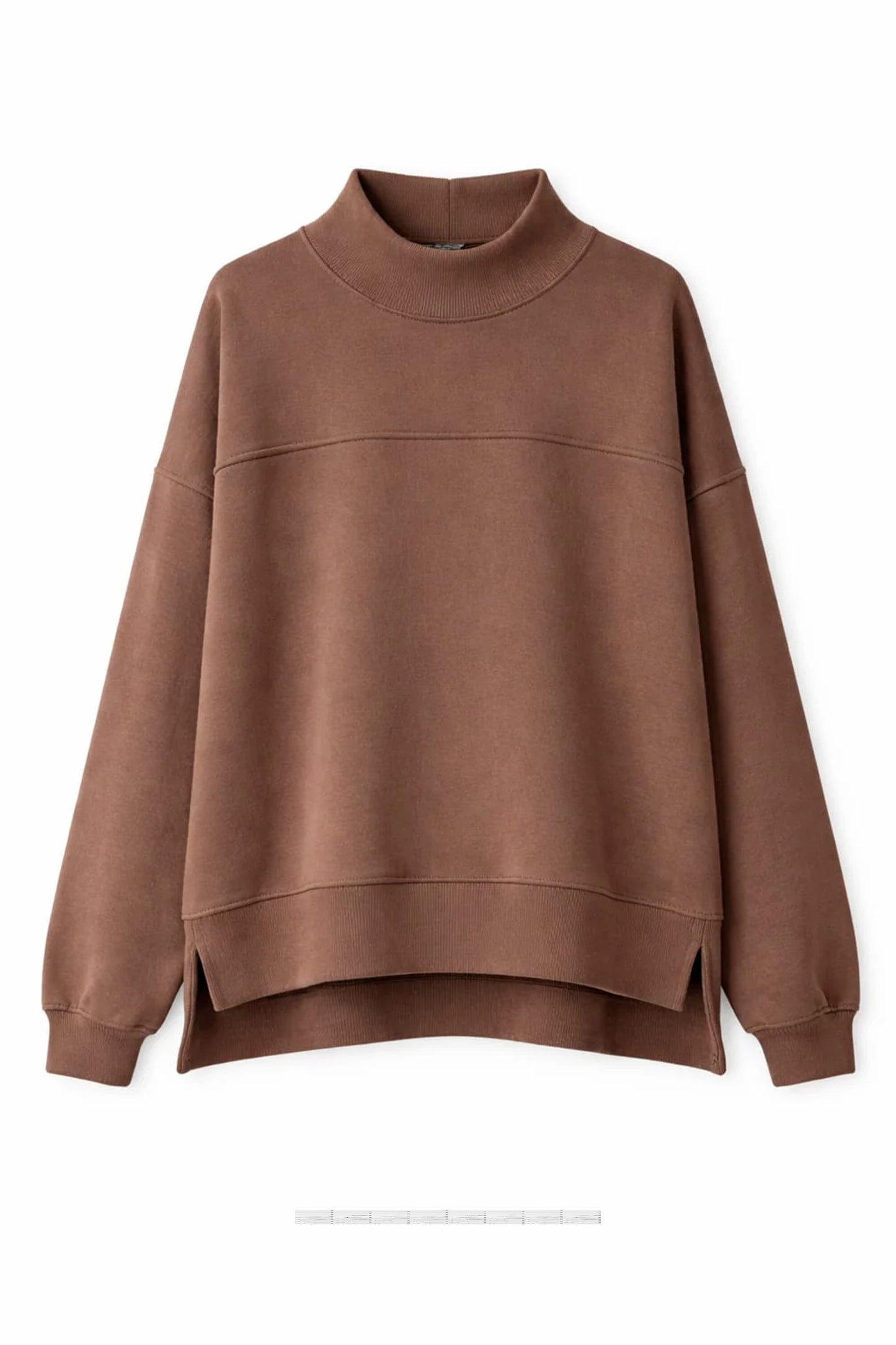 Coffee Solid Color Oversized Mock Neck Split Hem Tunic Sweatshirt