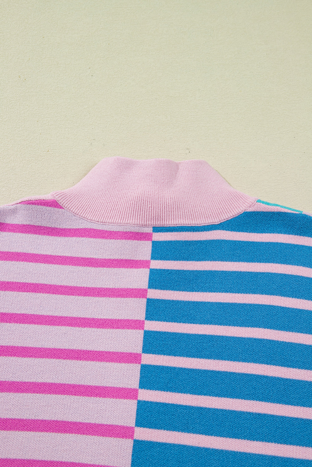 Sky Blue Stripe Colorblock Patchwork Plus Size Zip Collar Sweater