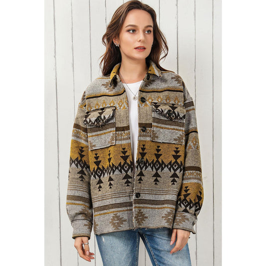 Geometric Collared Drop Shoulder Jacket Polyester Womenswear