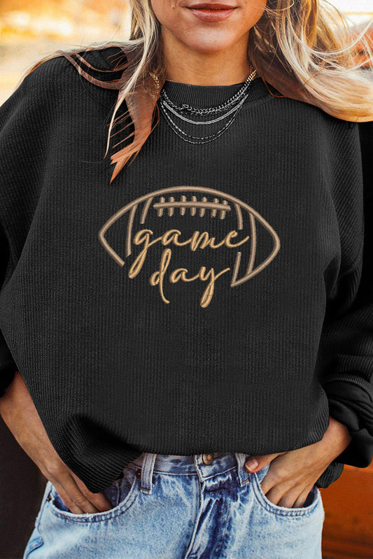 Black Football Graphic Game Day Embroidered Corded Sweatshirt