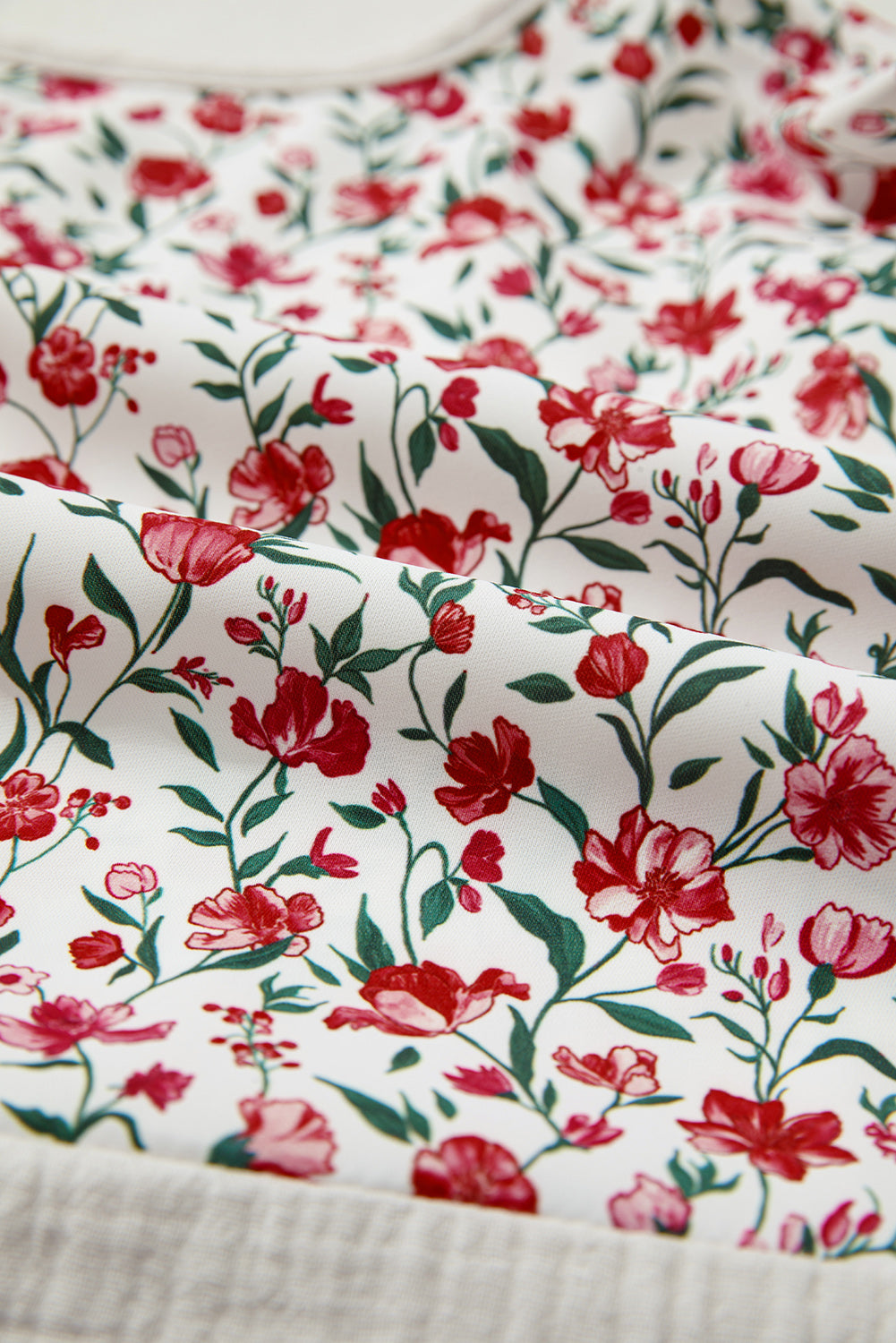 Red Floral Print Gauze Patchwork Henley Button 3/4 Sleeve Blouse