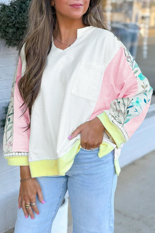 White Floral Colorblock Patchwork Notched Neck Long Sleeve Top