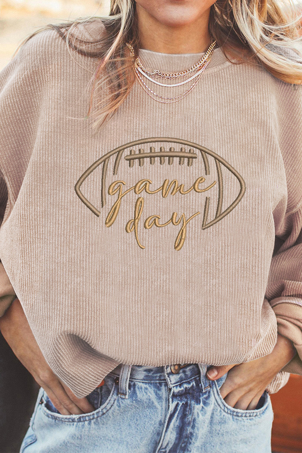 Dark Blue Rugby Game Day Embroidered Corduroy Sweatshirt