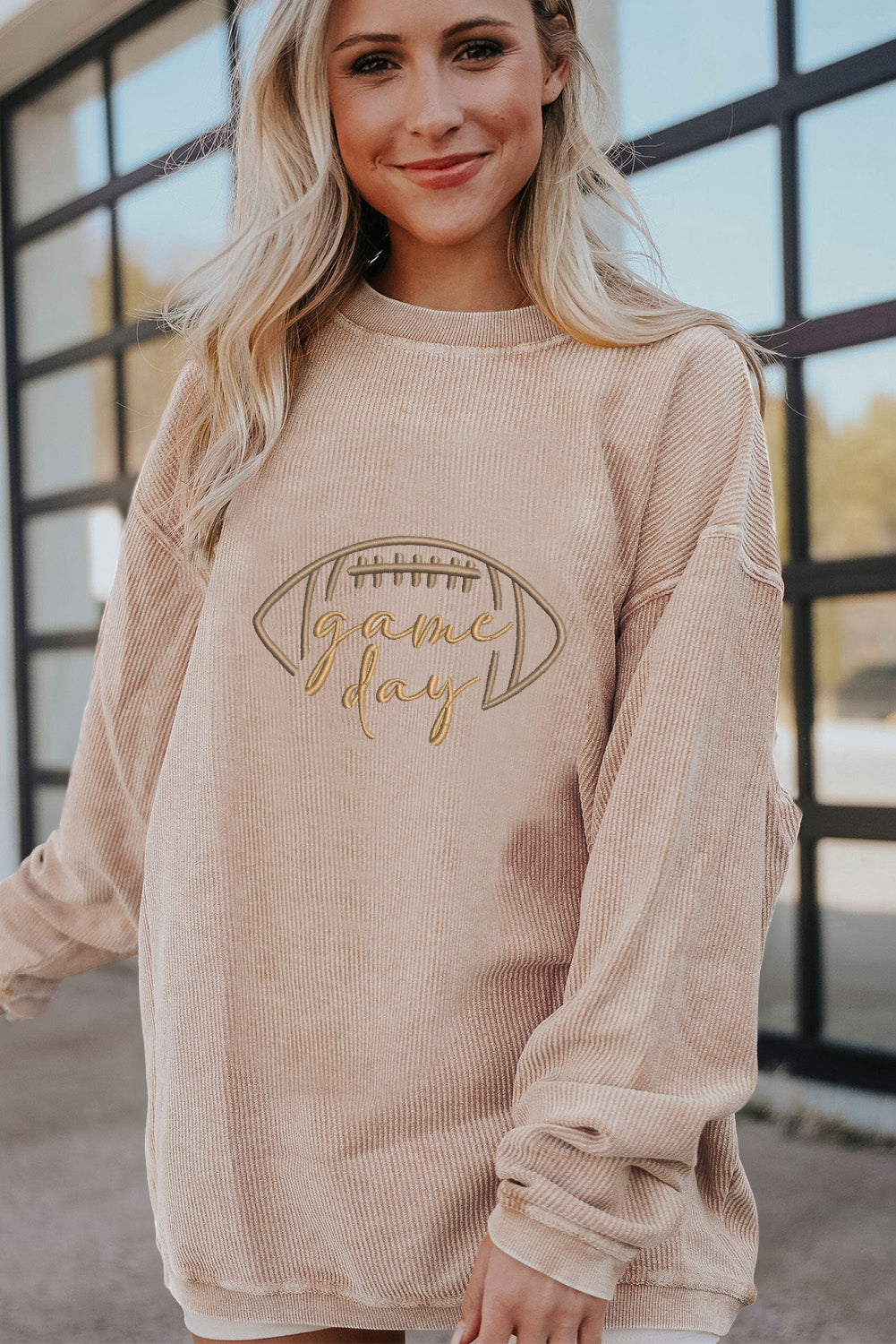 Dark Blue Rugby Game Day Embroidered Corduroy Sweatshirt