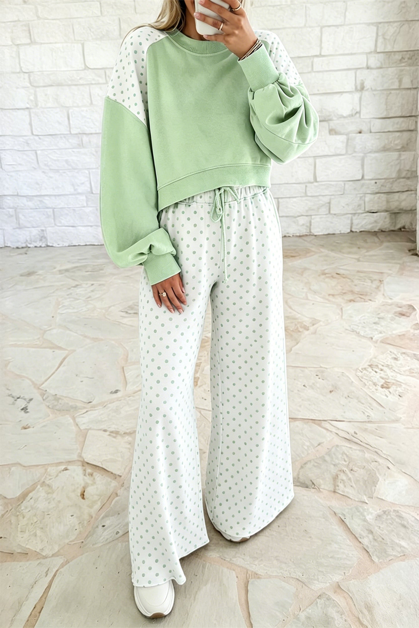 Green Polka Dot Patchwork Colorblock Long Sleeve Casual Two Piece Pants Set