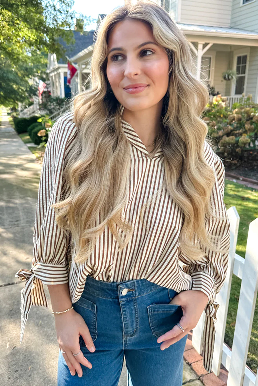 Straw Yellow Striped Print Tied Cuffs Split Neck Seersucker Blouse