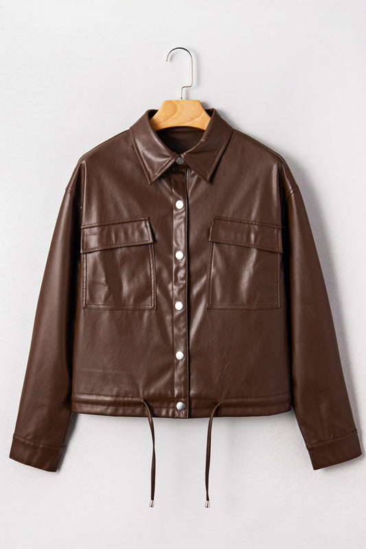 Chicory Coffee Double Flap Pocket Drawstring Hem Leather Jacket