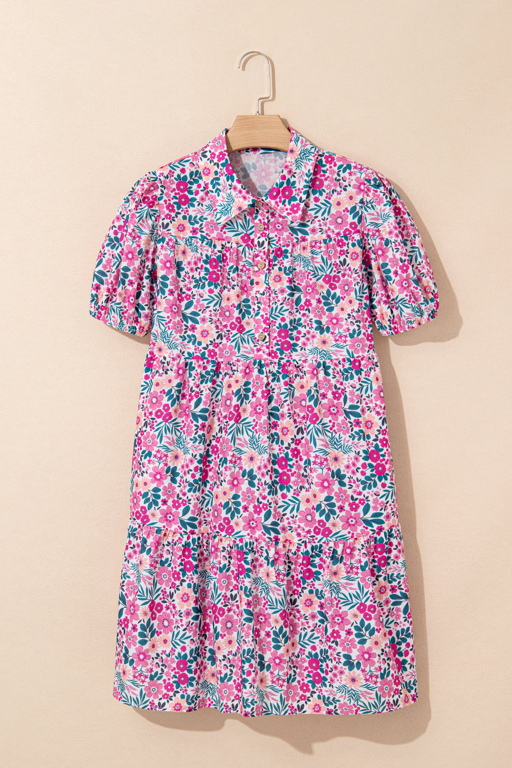 Pink Floral Collared Half Placket Short Sleeve Loose Dress