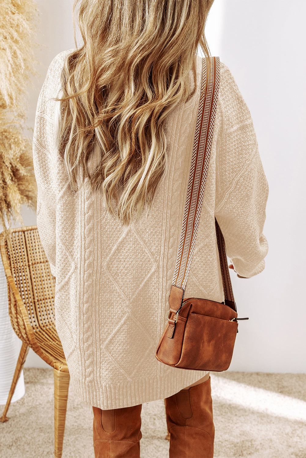 Parchment Twist Cable Knit Drop Shoulder Loose Fit Sweater Dress