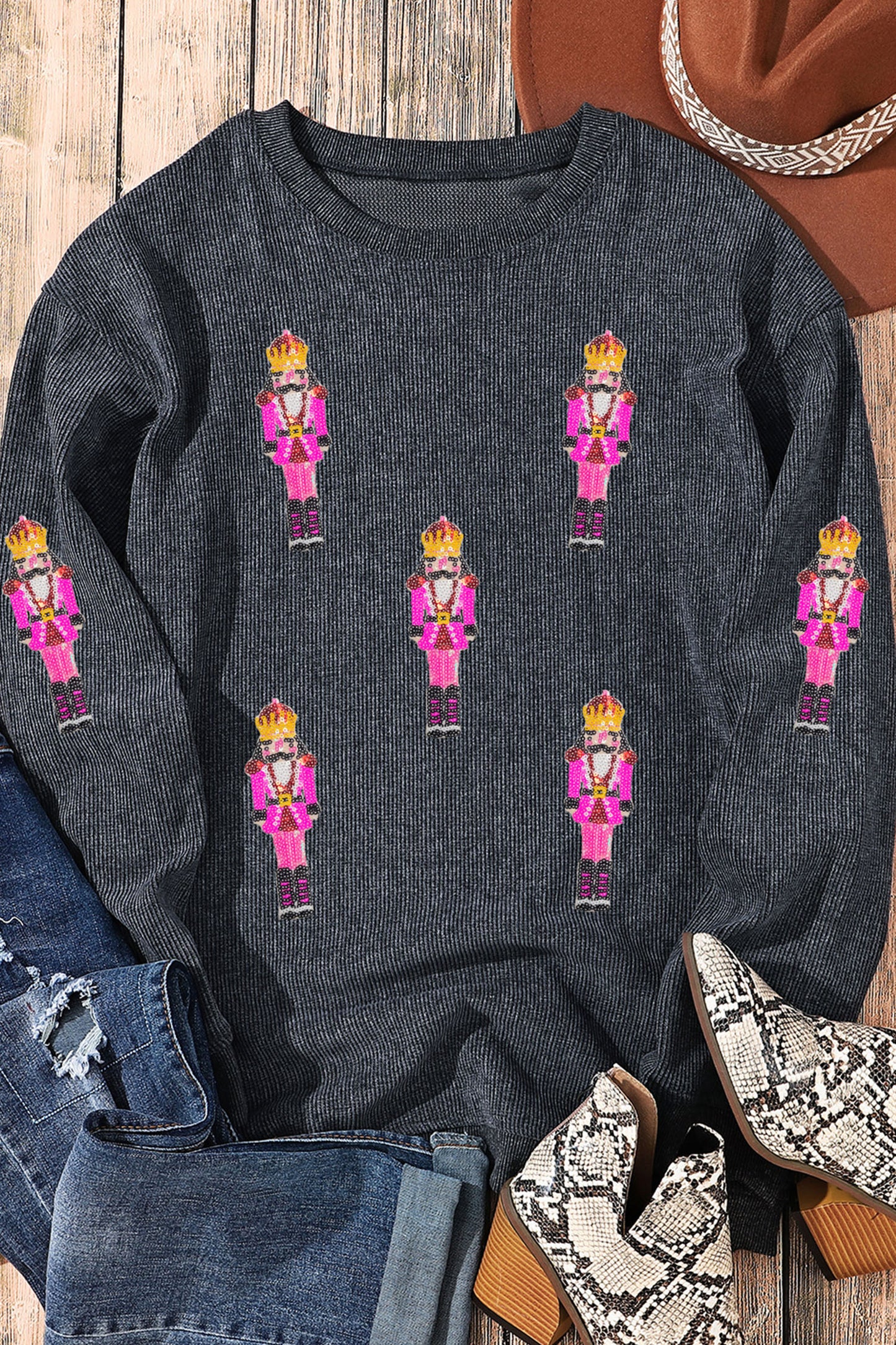 Gray Nutcracker Men Sequin Patterned Corded Sweatshirt