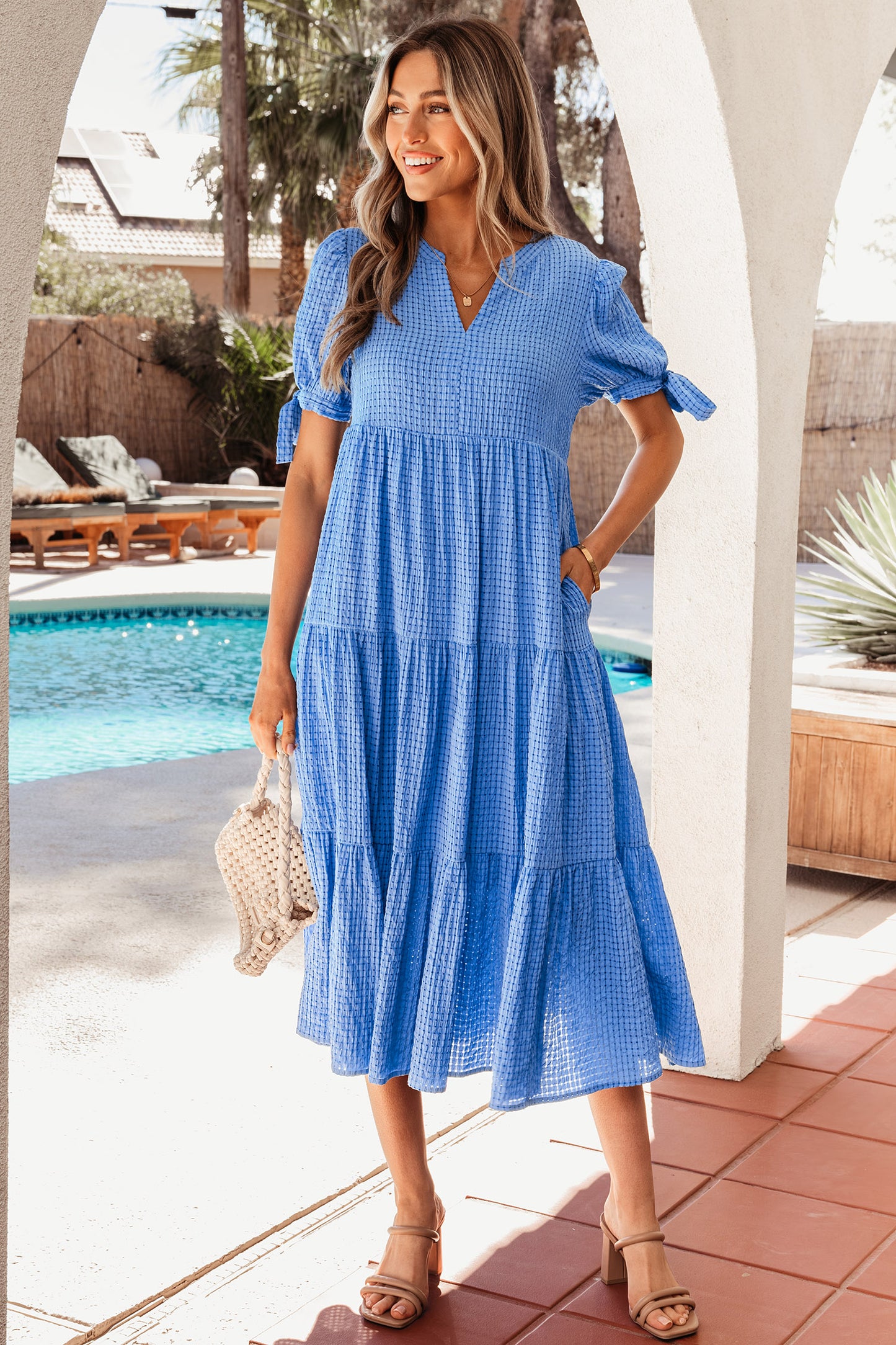 Dusk Blue Gingham Textured Bow Tie Short Sleeve Tiered Midi Dress