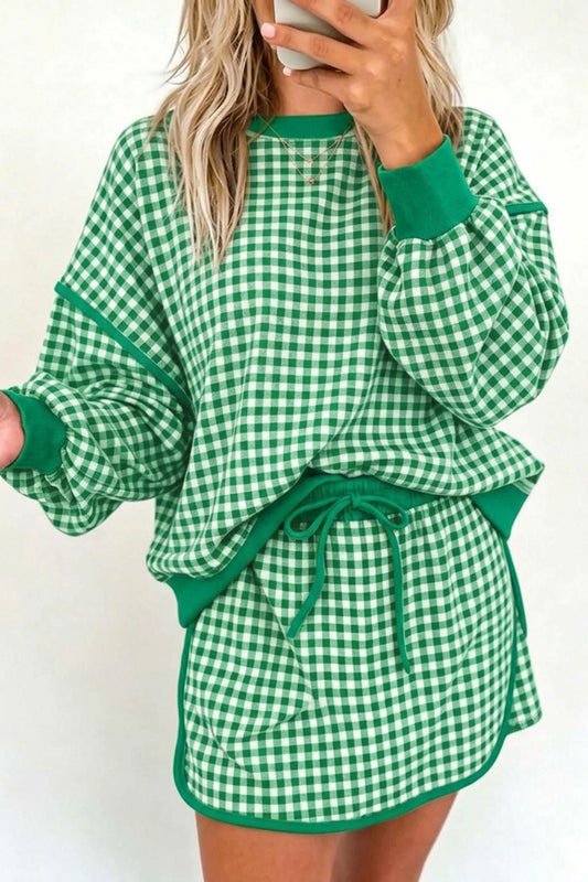 Red Gingham Oversized Ribbed Trim Crew Neck Long Sleeve Top and Skort Set