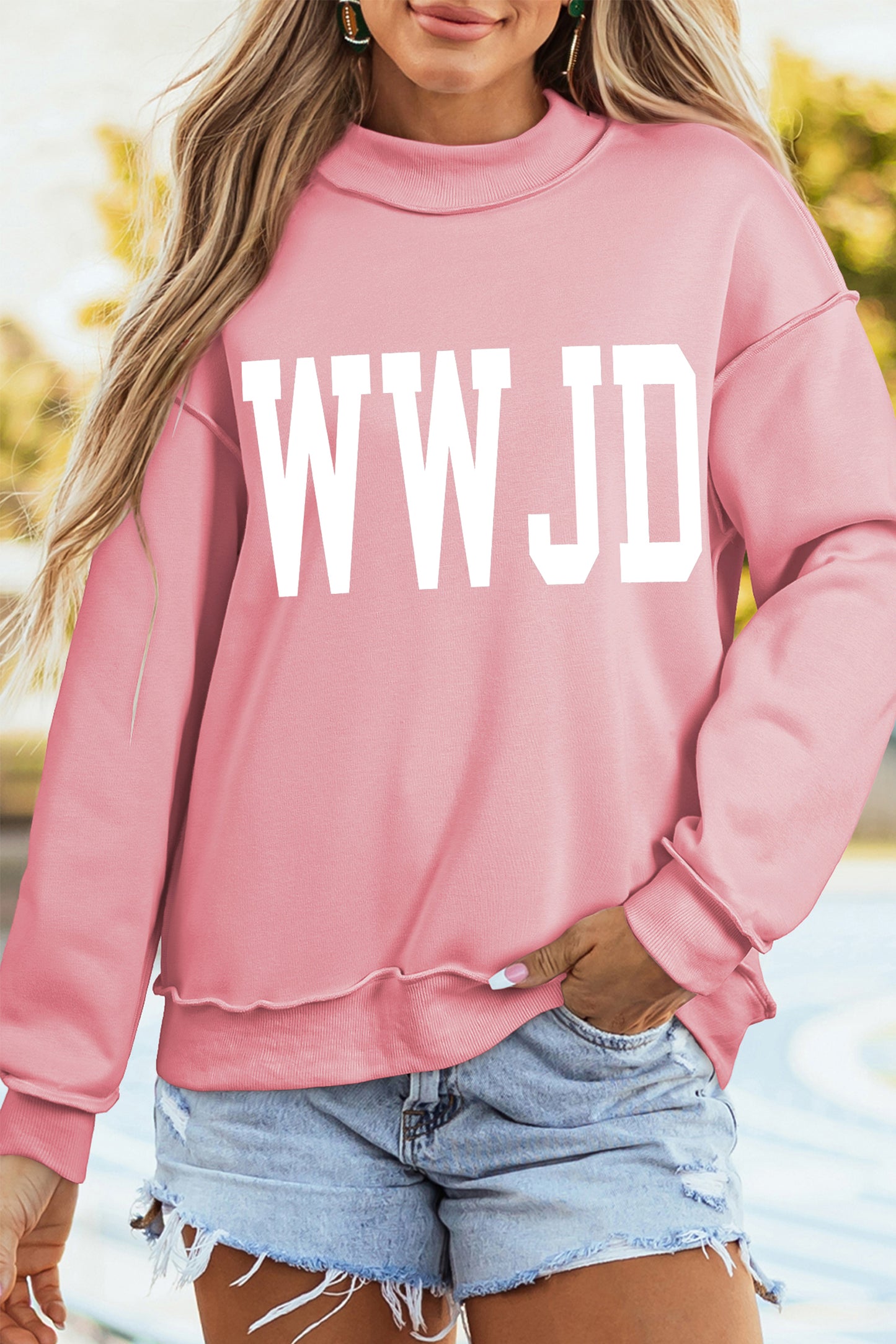 Light Pink WWJD/ AMEN Double Side Printed Mock Neck Reversible Sweatshirt