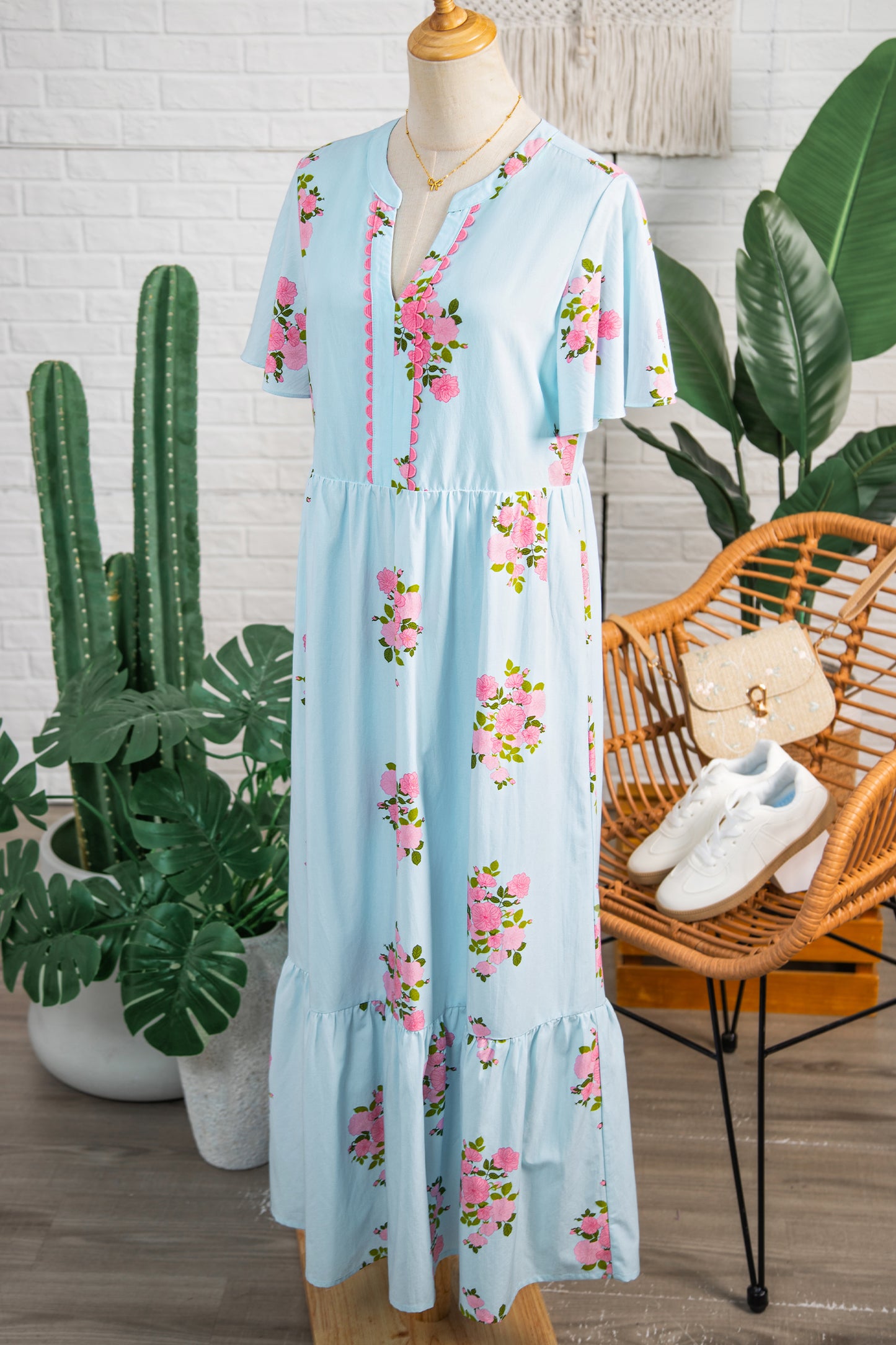 Sky Blue Notched Neck Flutter Short Sleeve Floral Print Maxi Dress