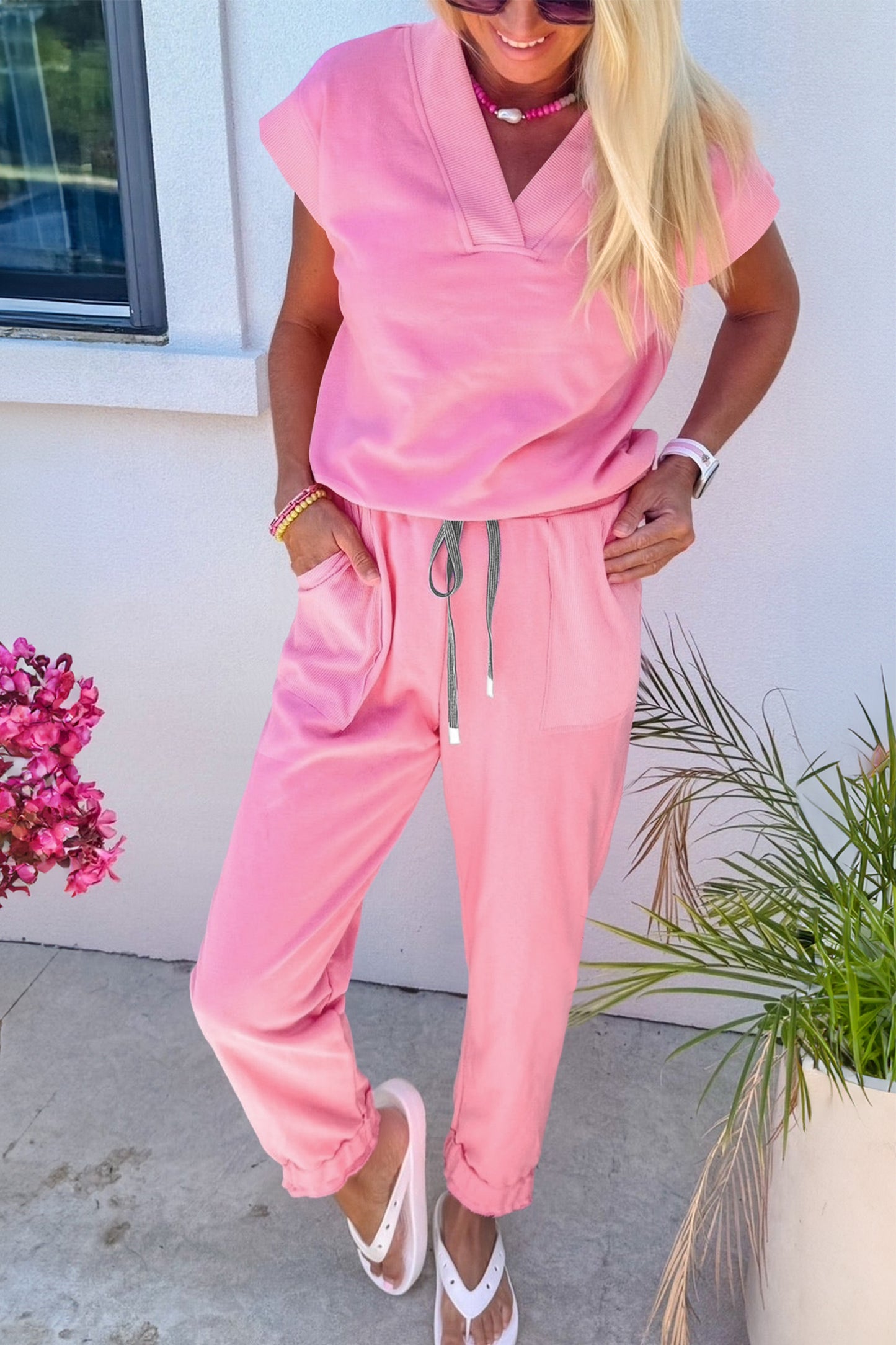 Bonbon Solid Color V Neck Tee Drawstring Pant Set