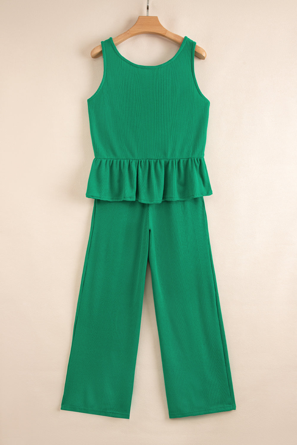 Green Solid Color Ribbed Ruffle Tank Top and Pants Set