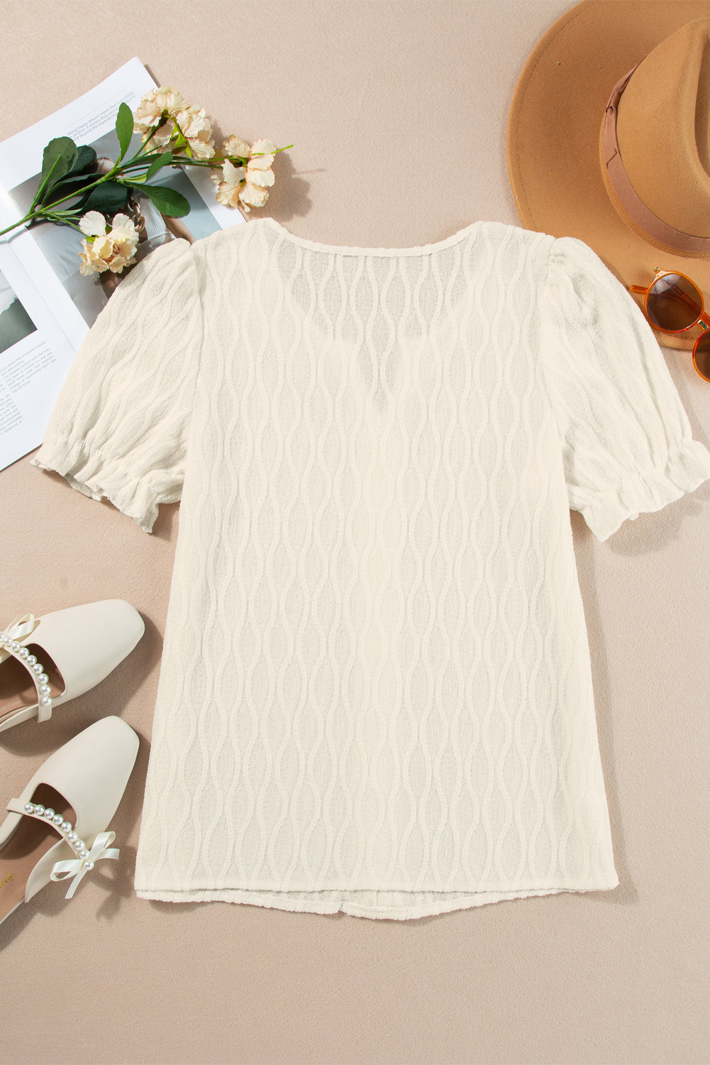 White Solid Color Textured Notched Neck Puff Sleeve Blouse