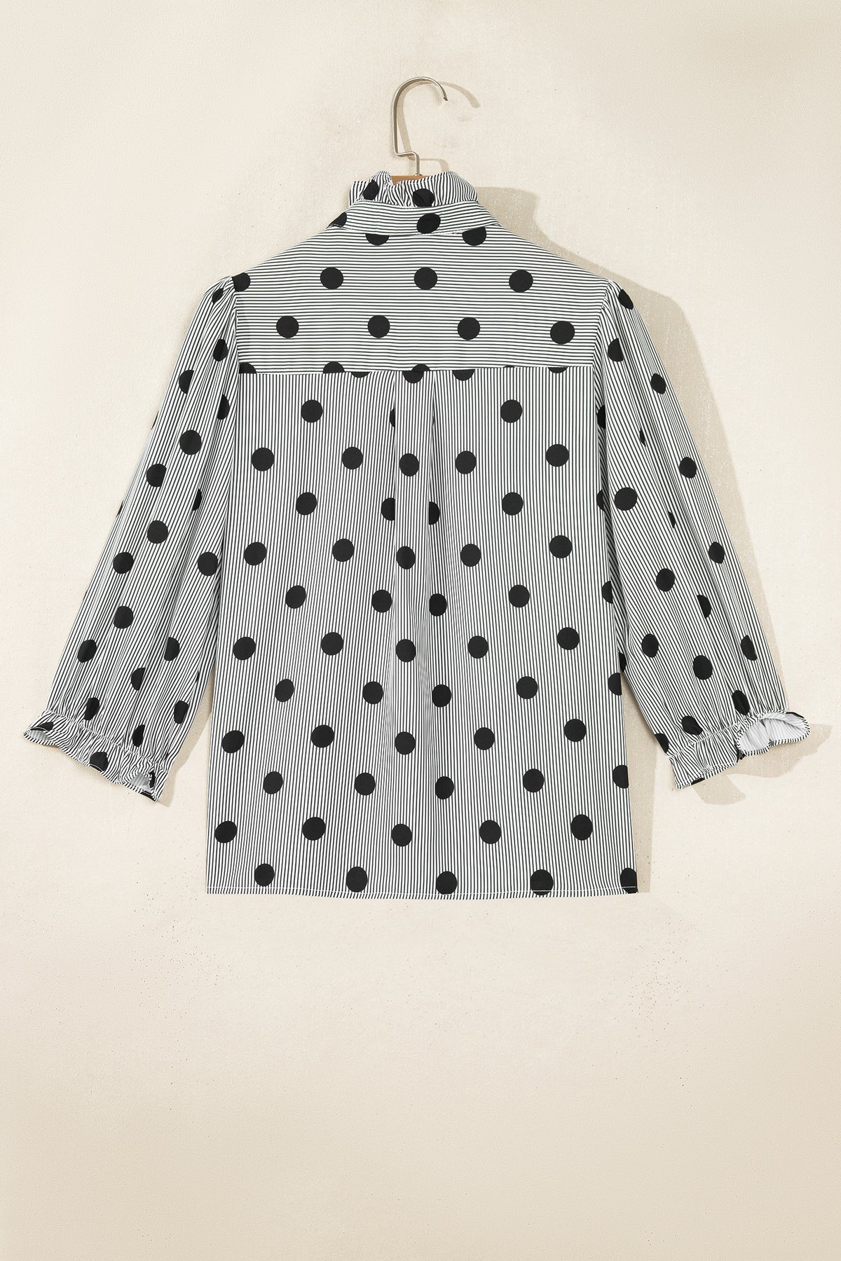 Fiery Red Polka Dot Striped Print Ruffle Stand Neck 3/4 Sleeve Shift Shirt