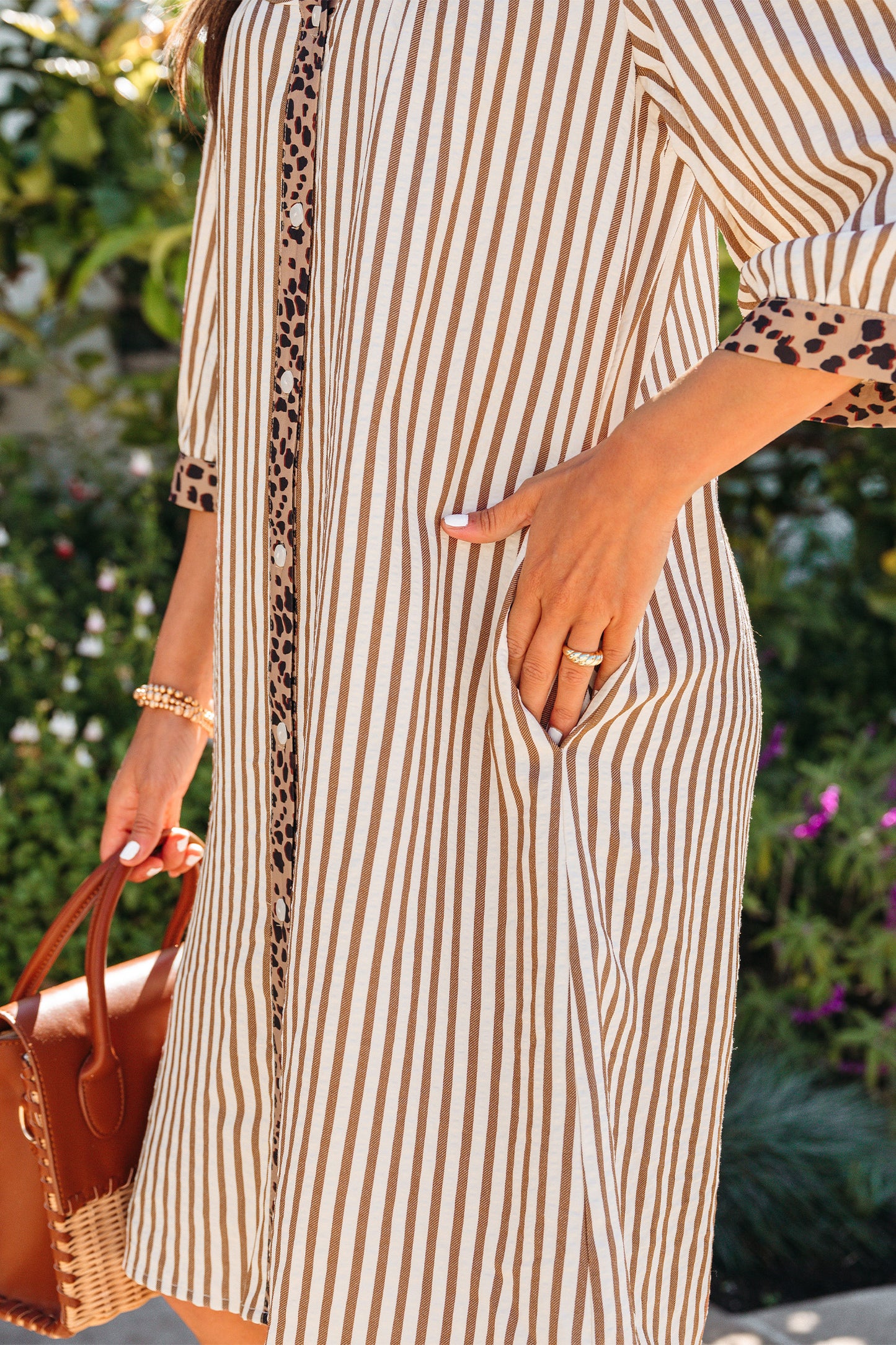 Khaki Stripe Square Button Leopard Trim Loose Bracelet Sleeve Shirt Dress