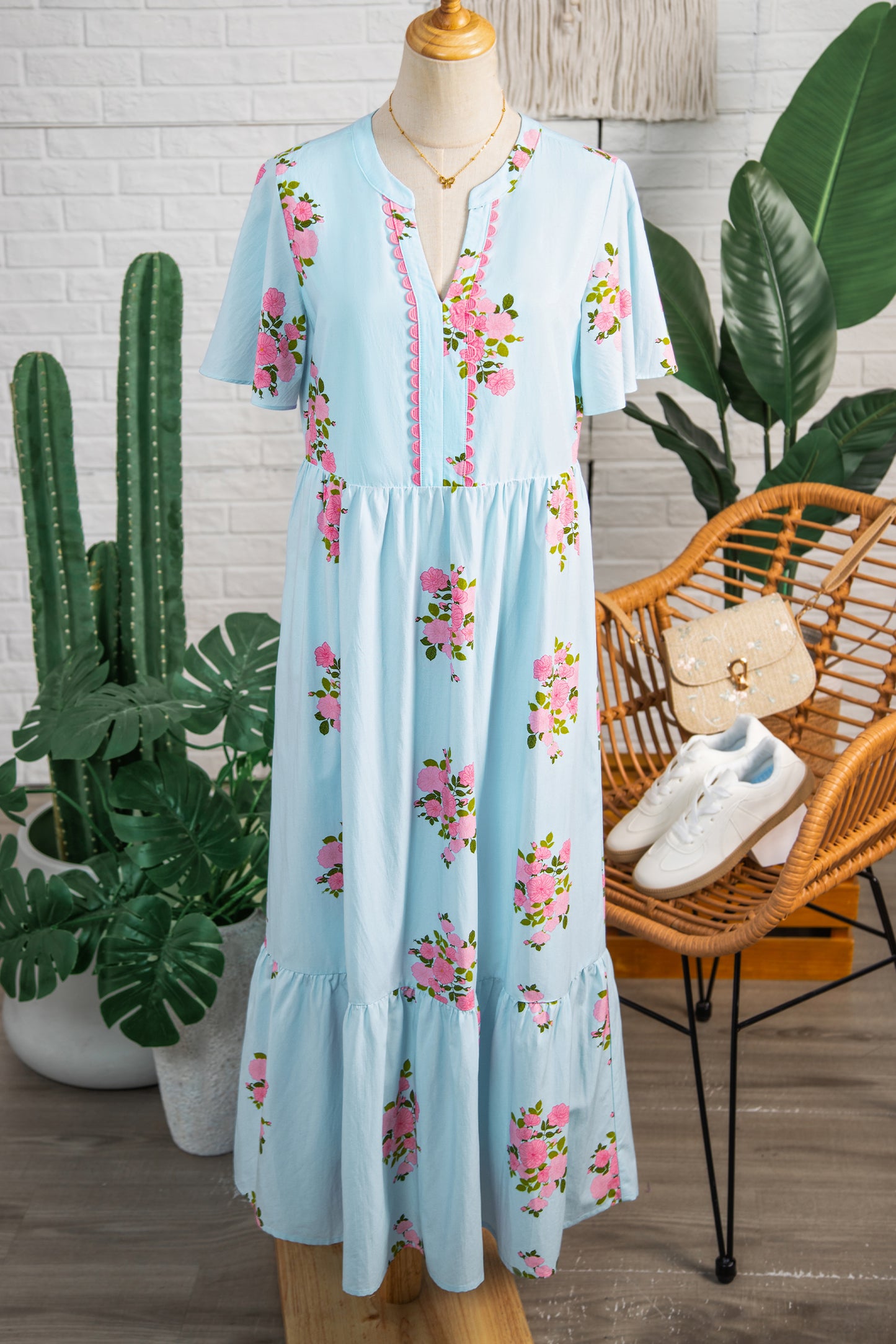 Sky Blue Notched Neck Flutter Short Sleeve Floral Print Maxi Dress