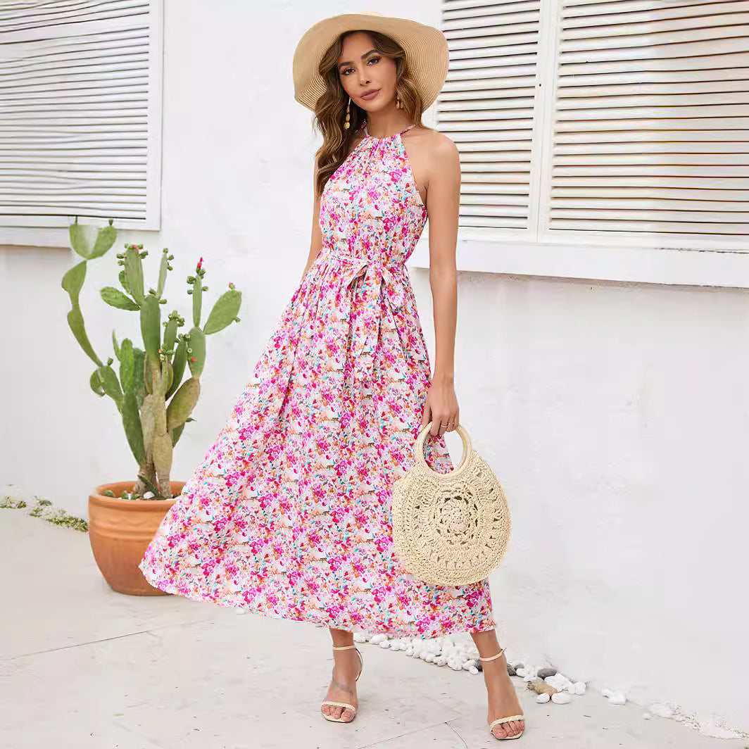 Off-shoulder Halter Sling Rayon Printed Lace Up Large Swing Dress
