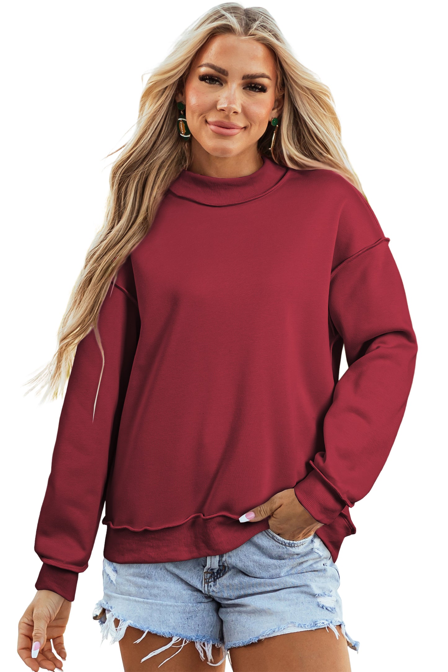 Bright Green Oversize Drop Shoulder Reversible Mock Neck Sweatshirt