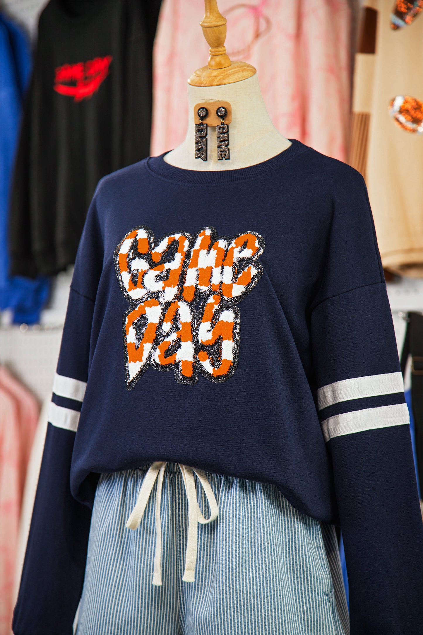 Navy Blue Game Day Chenille Checkered Letter Graphic Oversized Varsity Sweatshirt