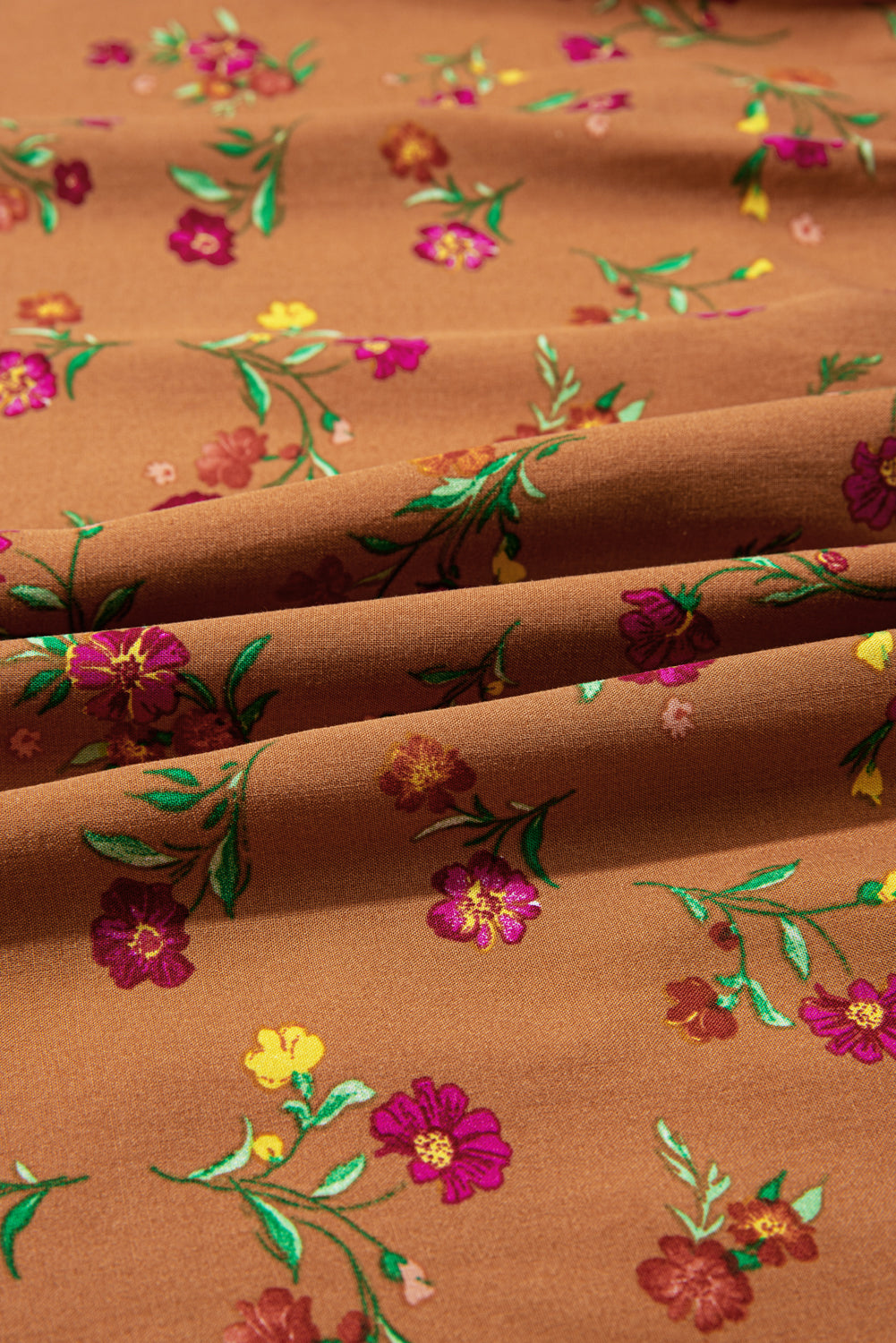 Brown Plus Size Floral Split V Neck Ruffled Sleeve Tiered Maxi Dress