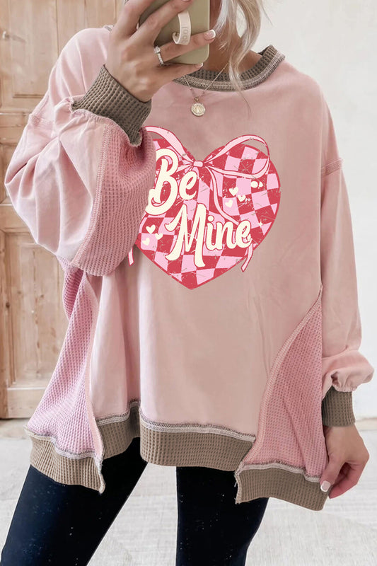 Light Pink Color Block Waffled Patchwork Be Mine Cracking Checkered Heart Print Sweatshirt