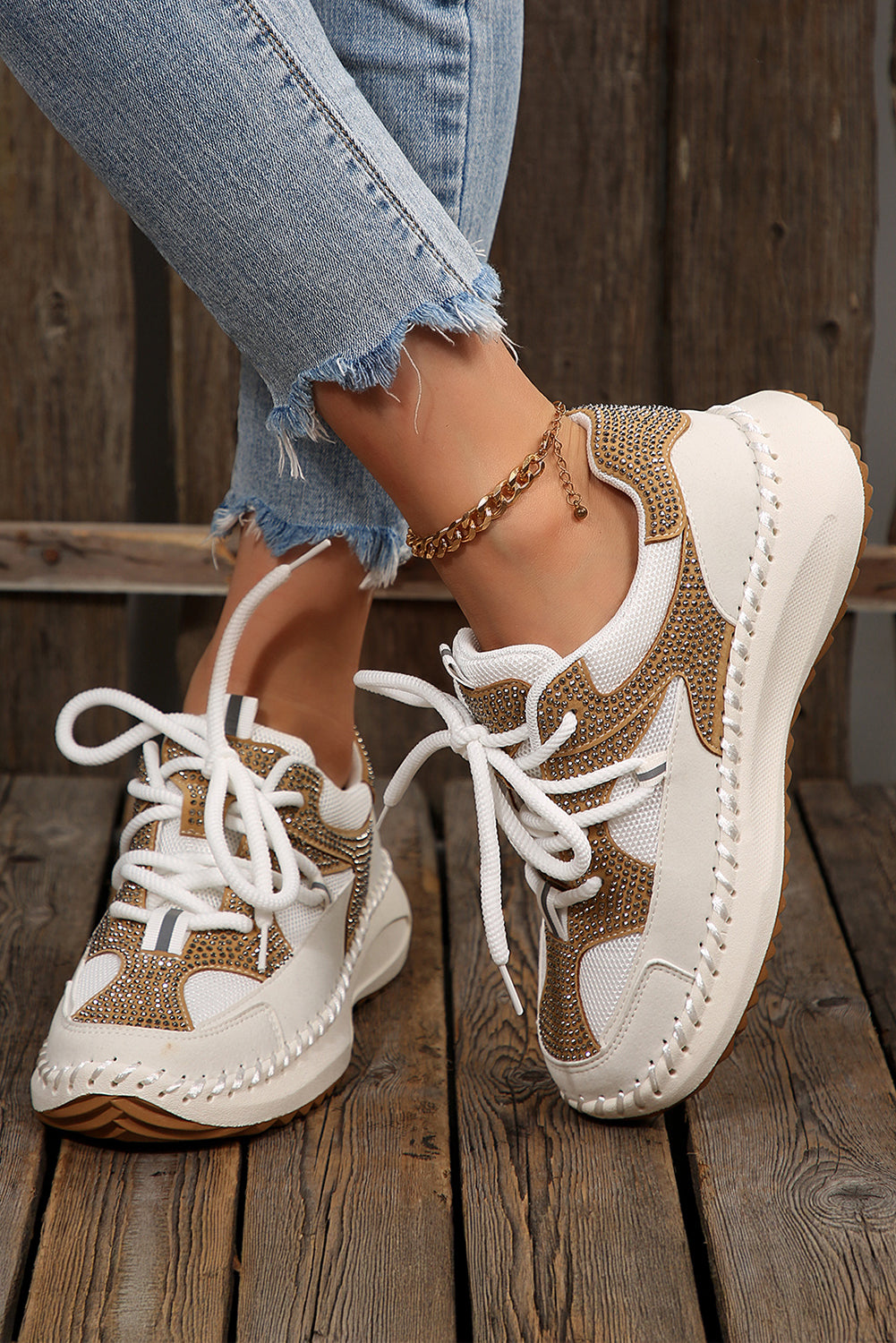 White Rhinestone PU Leather Platform Casual Sneakers