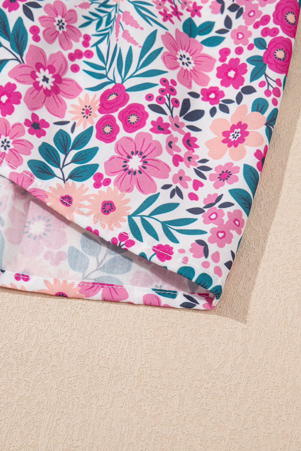 Pink Floral Collared Half Placket Short Sleeve Loose Dress