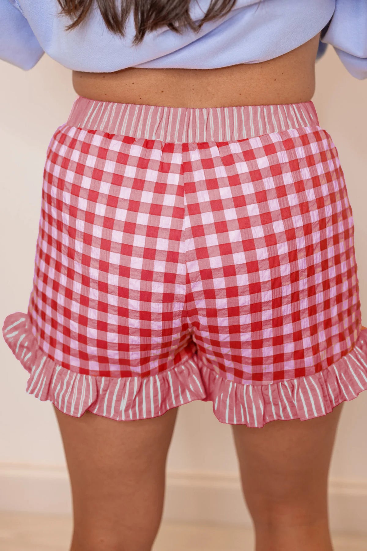 Sky Blue Gingham Print Ruffle Striped Detail Lace Tie Shorts