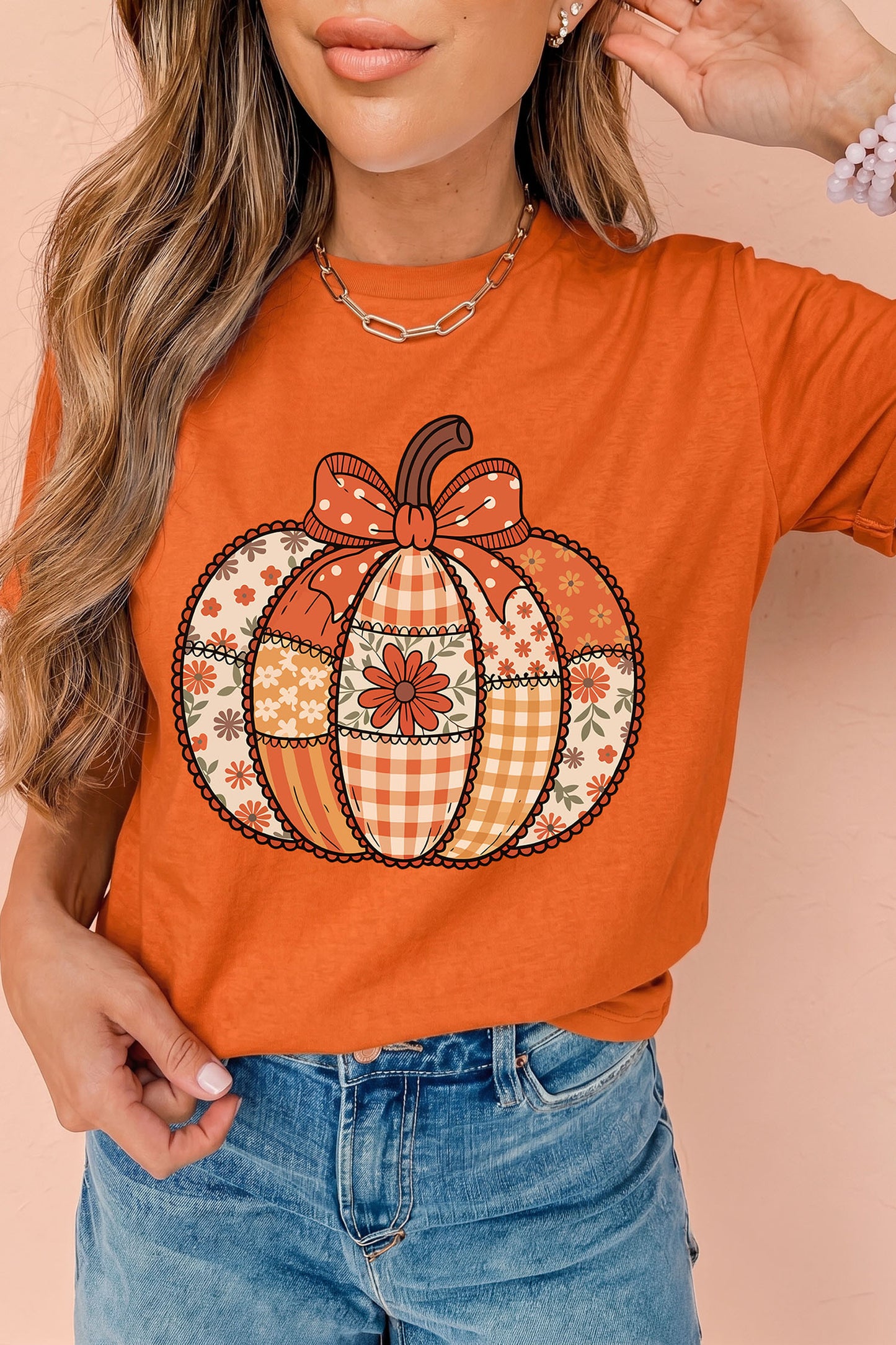 Orange Patchwork Pumpkin Graphic Print Crewneck  T-Shirt
