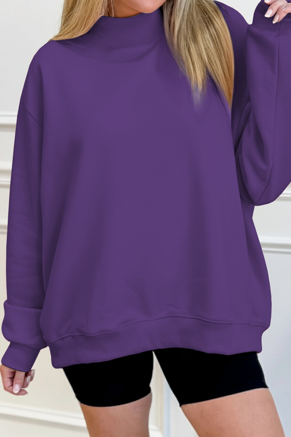 Dark Blue Solid Color Oversized Mock Neck Sweatshirt