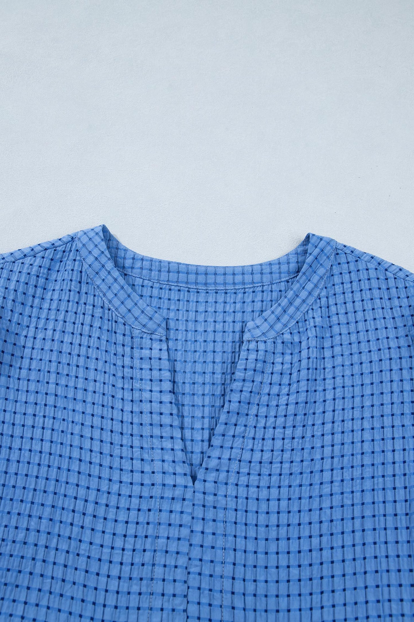 Dusk Blue Gingham Textured Bow Tie Short Sleeve Tiered Midi Dress