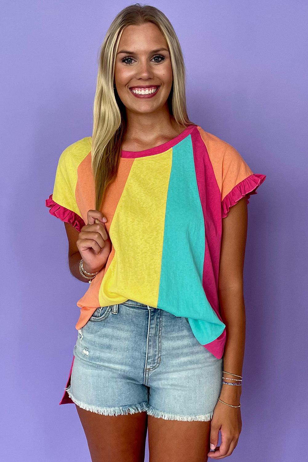 Rose Red Color Block Ruffled Crew Neck Loose Fit T Shirt