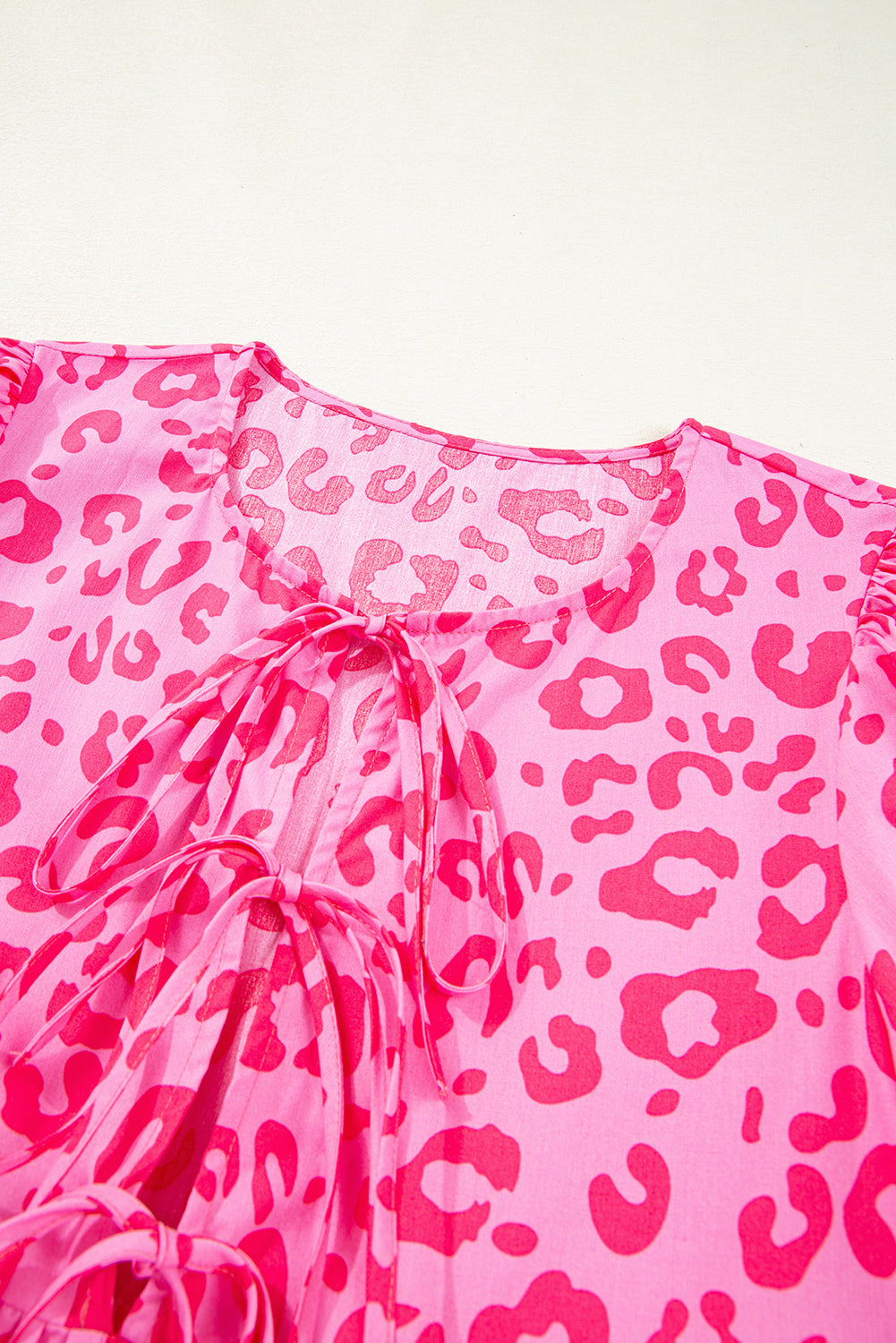 Rose Leopard Puff Sleeve Tie Front High Waist Mini Dress