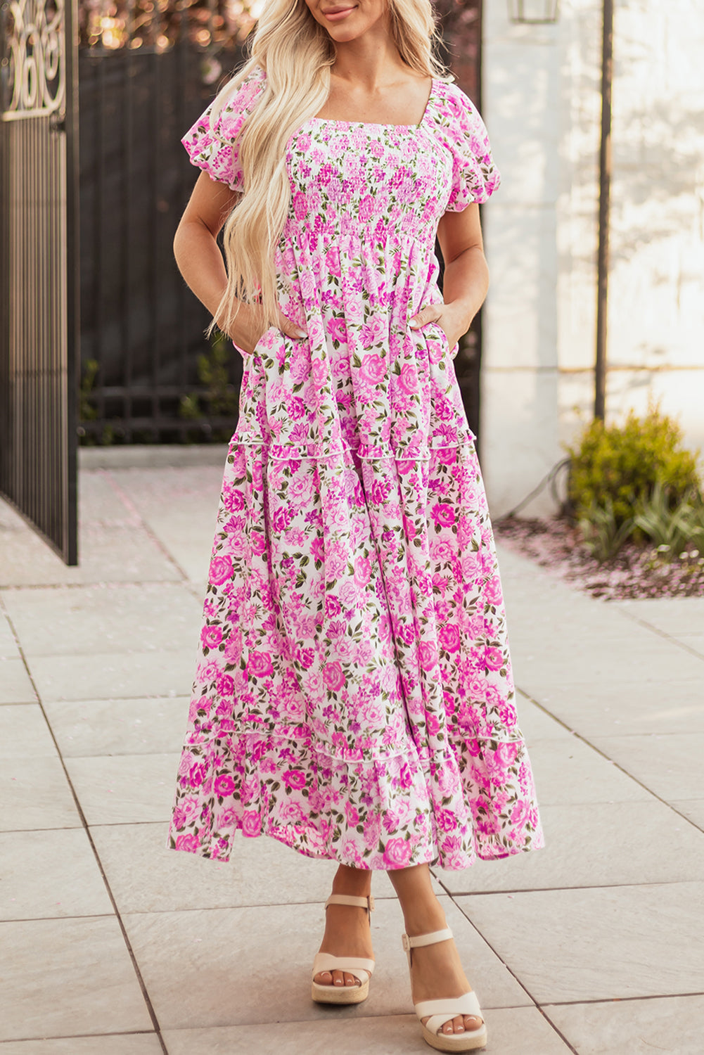Pink Dainty Floral Smocked Puff Sleeve Flowy Long Dress