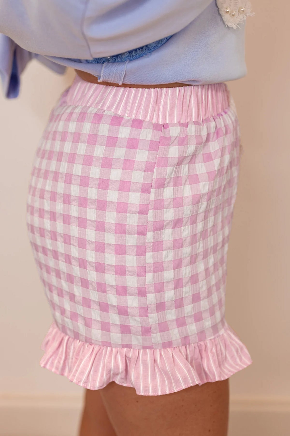 Sky Blue Gingham Print Ruffle Striped Detail Lace Tie Shorts