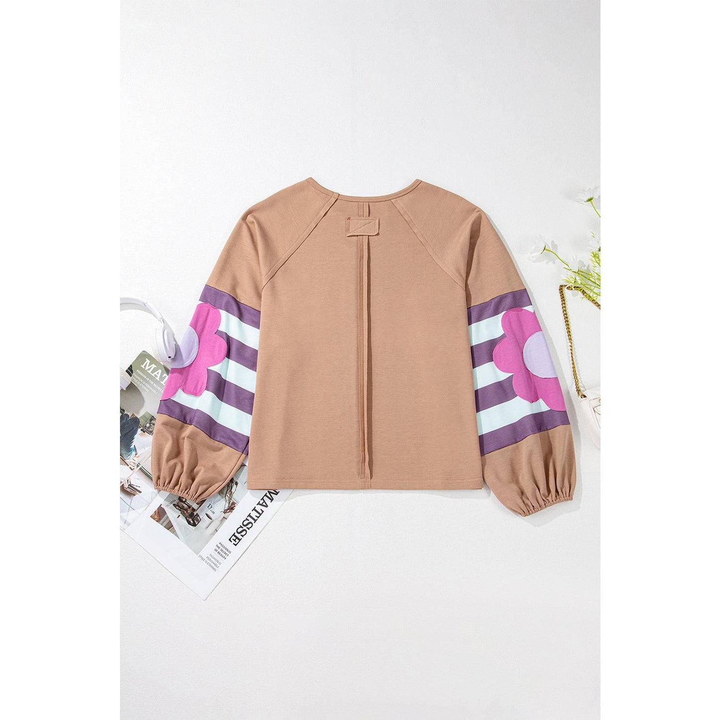 Dune Flower Patchwork Raglan Sleeve Exposed Seam Oversized Top
