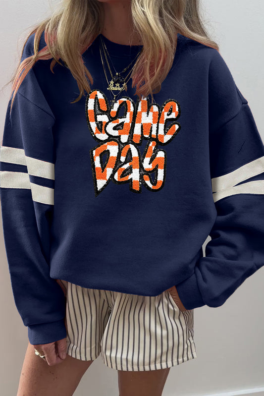 Navy Blue Game Day Chenille Checkered Letter Patch Application Oversized Varsity Sweatshirt