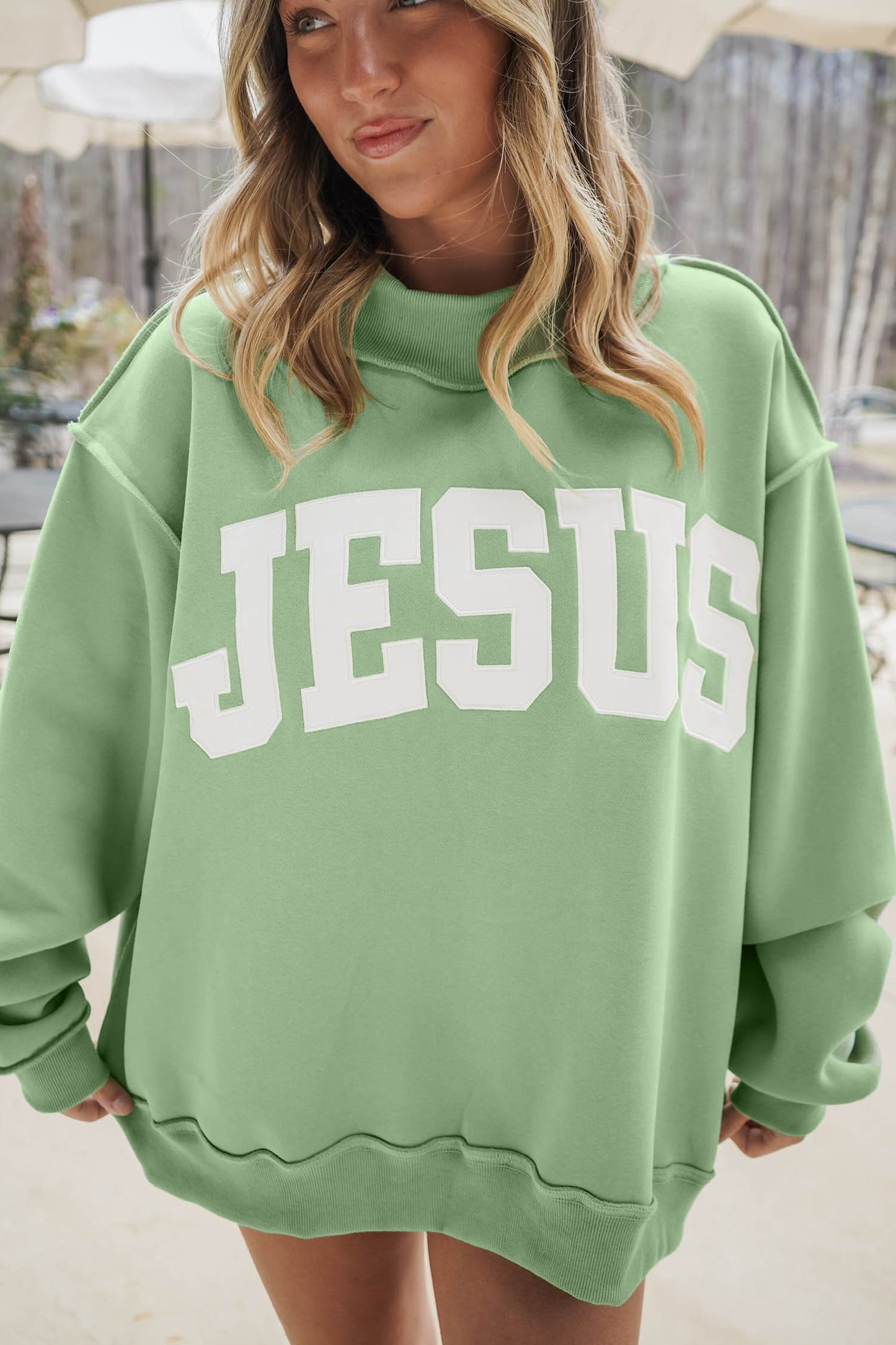 Orchid Bouquet JESUS Letter Print Exposed Seam Mock Neck Baggy Sweatshirt