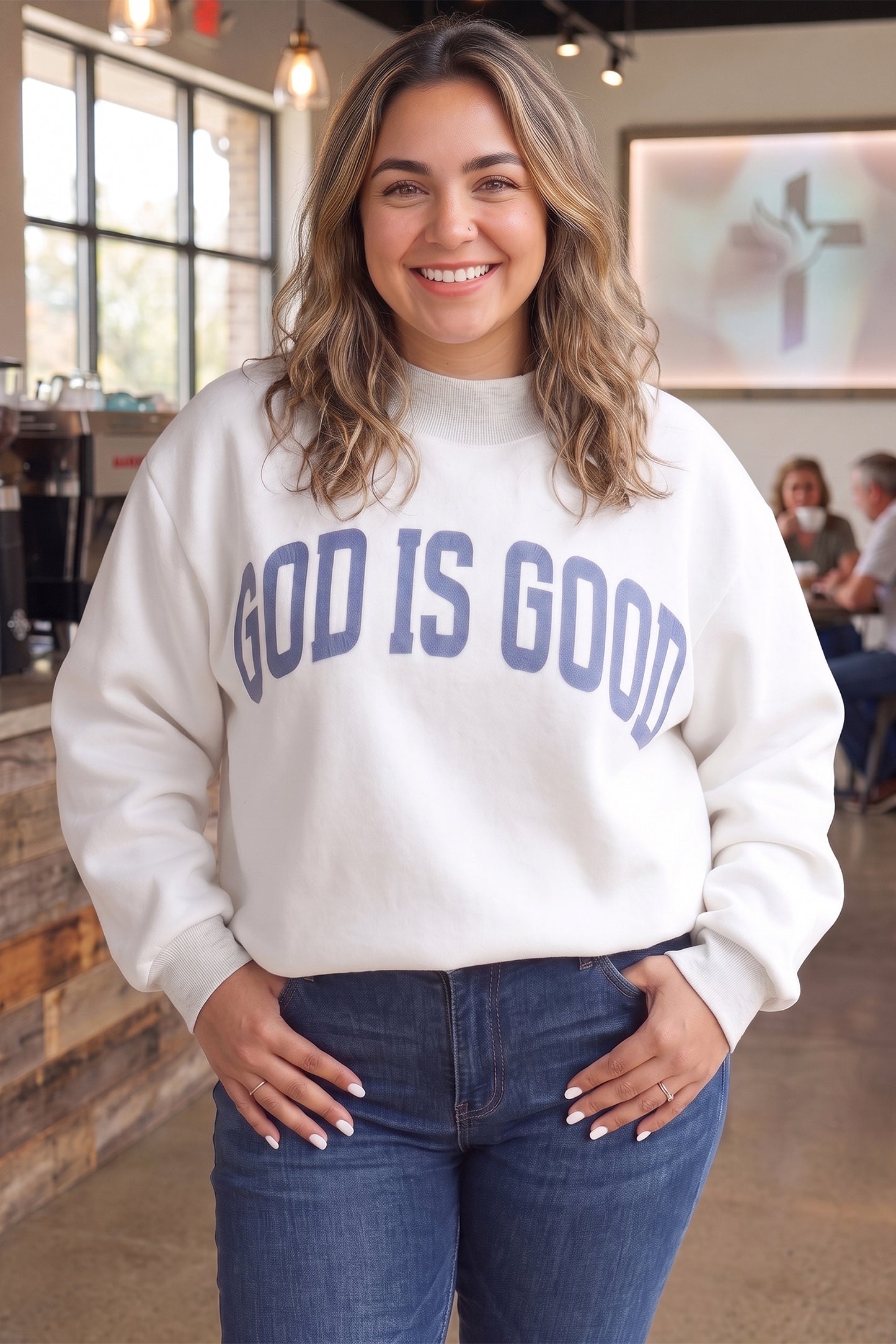 Yellow Jesus Slogan Stand Neck Long Sleeve Oversized Tunic Plus Size Sweatshirt