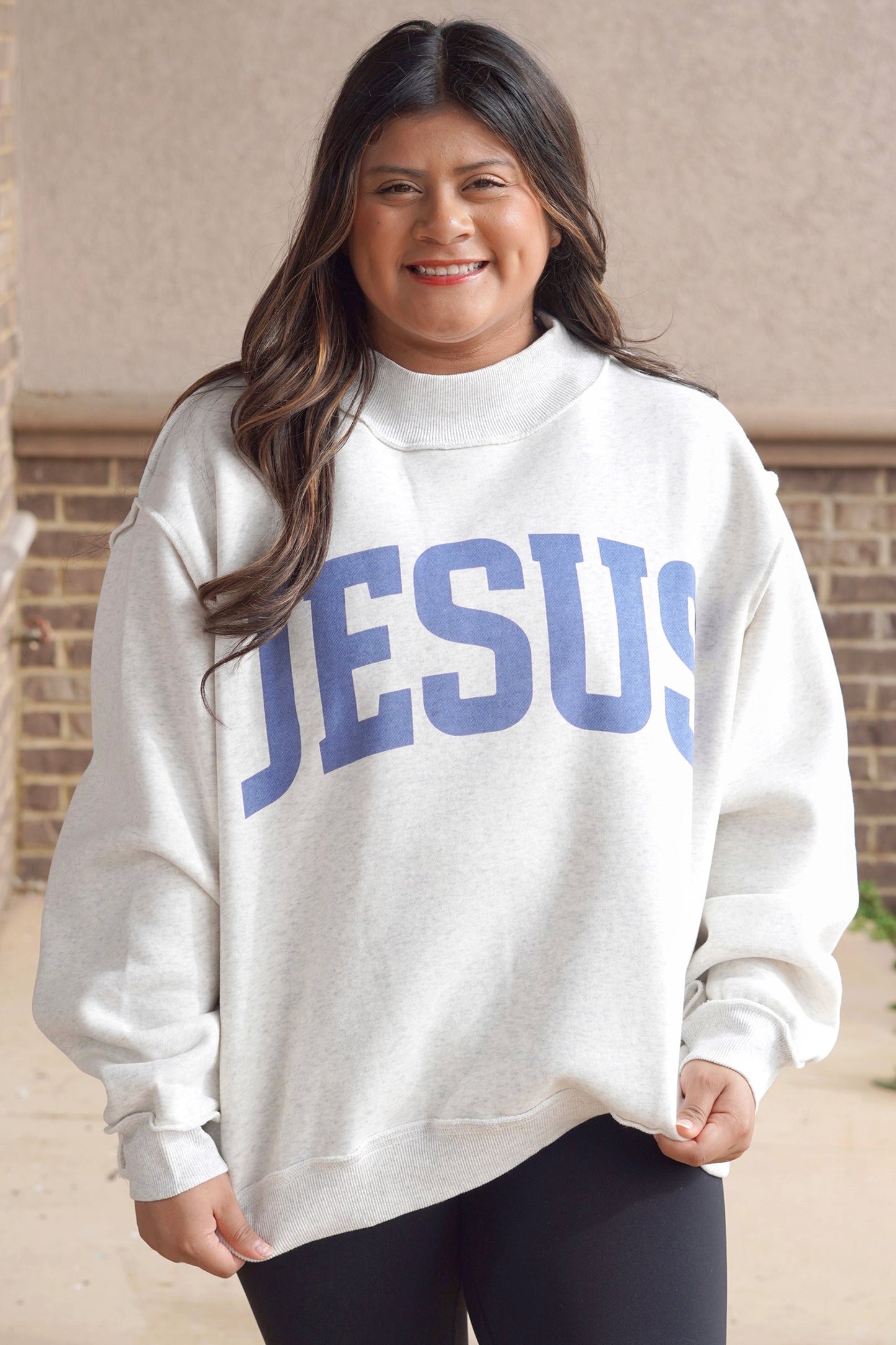 Yellow Jesus Slogan Stand Neck Long Sleeve Oversized Tunic Plus Size Sweatshirt