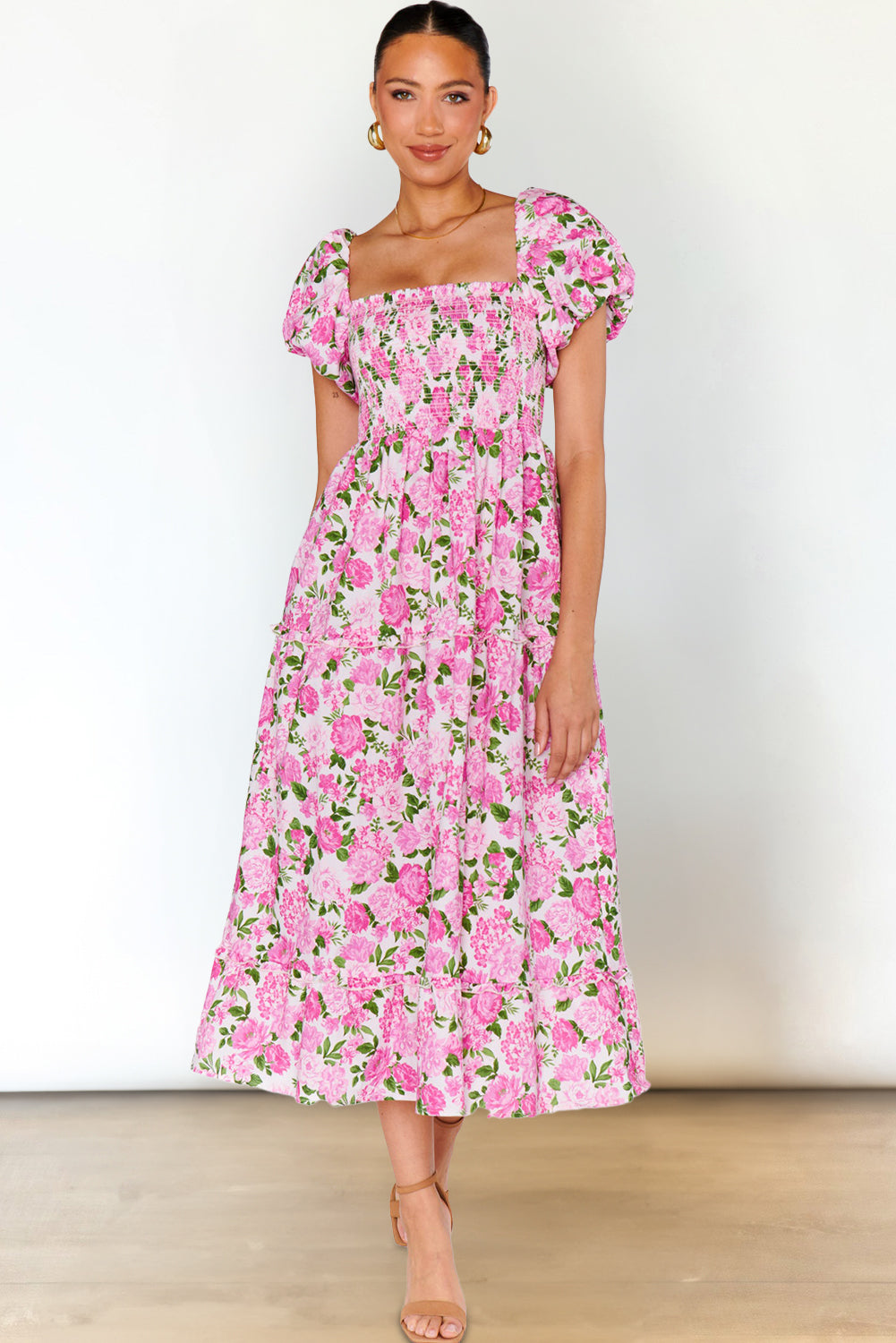 Pink Dainty Floral Smocked Puff Sleeve Flowy Long Dress