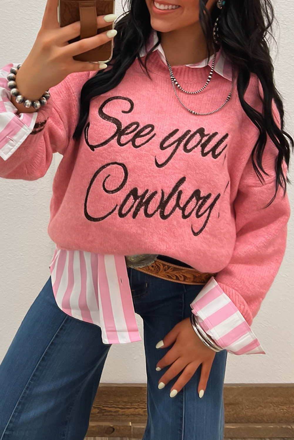 Peach Blossom Letter Embroidered Graphic Sweater