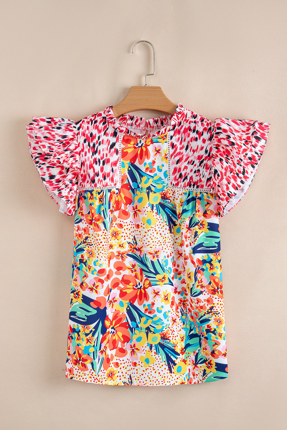 Red Floral Mixed Print Ruffle Cap Sleeve Blouse