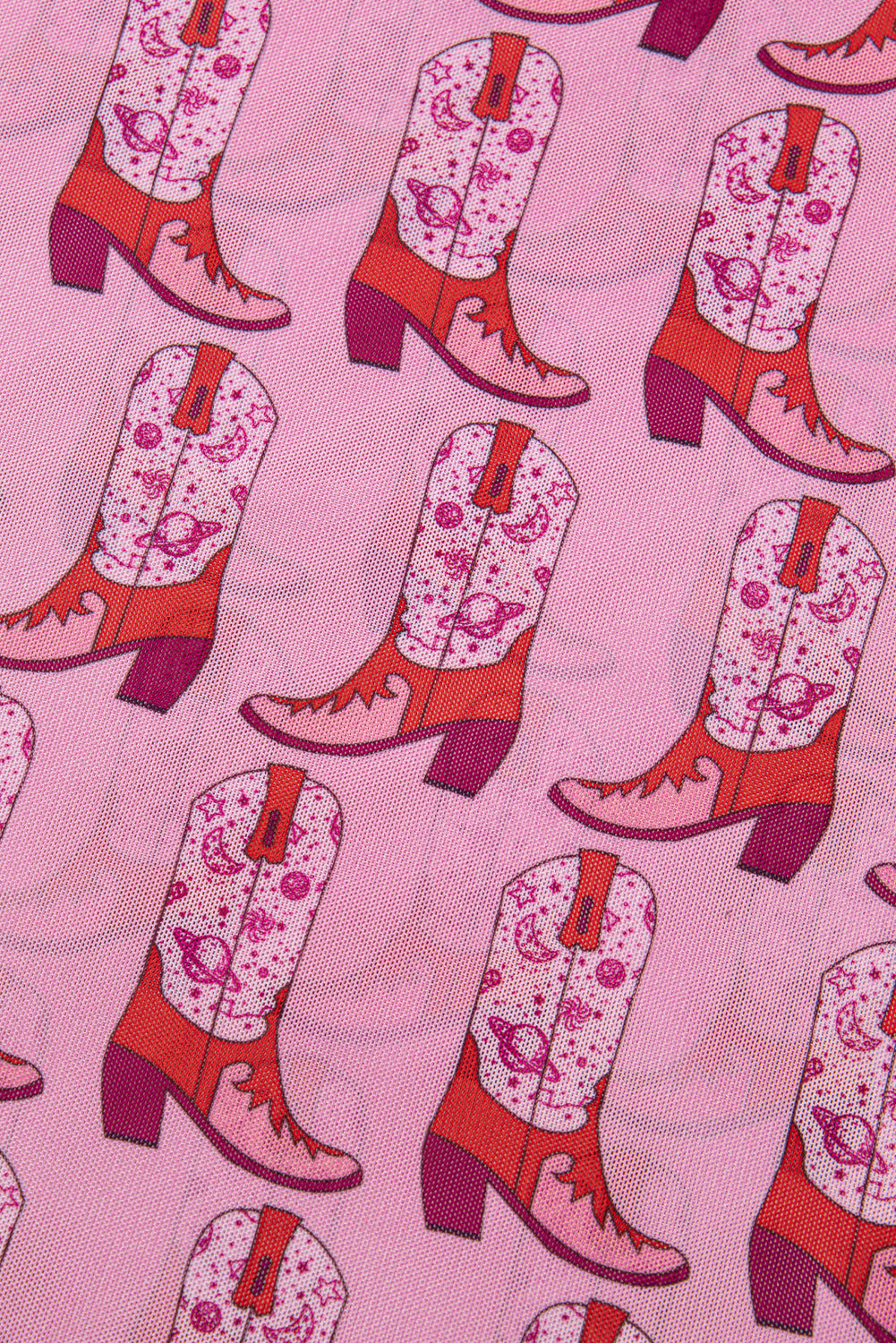 Pink Cowgirl Boots Printed Mock Neck Long Sleeve Mesh Top
