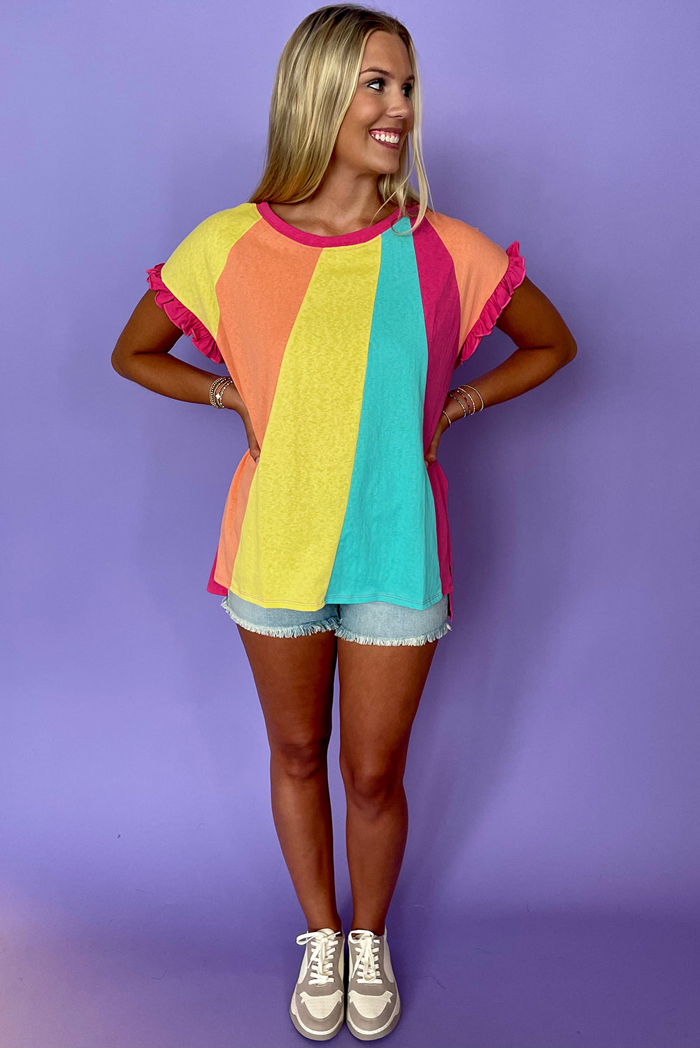 Rose Red Color Block Ruffled Crew Neck Loose Fit T Shirt