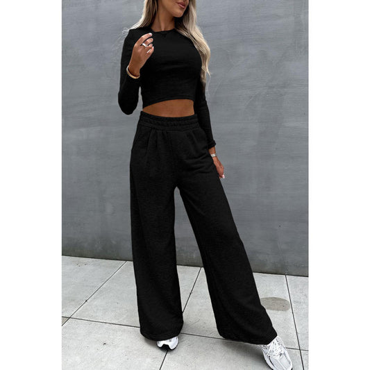 Black Crop Top and Wide Leg Pants Two Piece Set matching